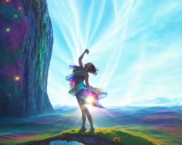 Colorful Girl Dancing with Radiant Wings on Grass Precipice