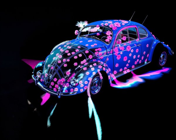 Vibrant Blue Vintage Car with Floral Patterns