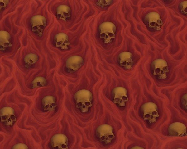 Golden Skulls in Swirling Pattern on Red Background