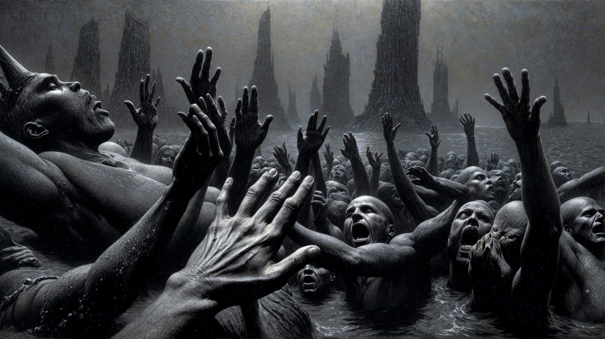 Chaotic Scene of Figures Emerging from Dark Waters