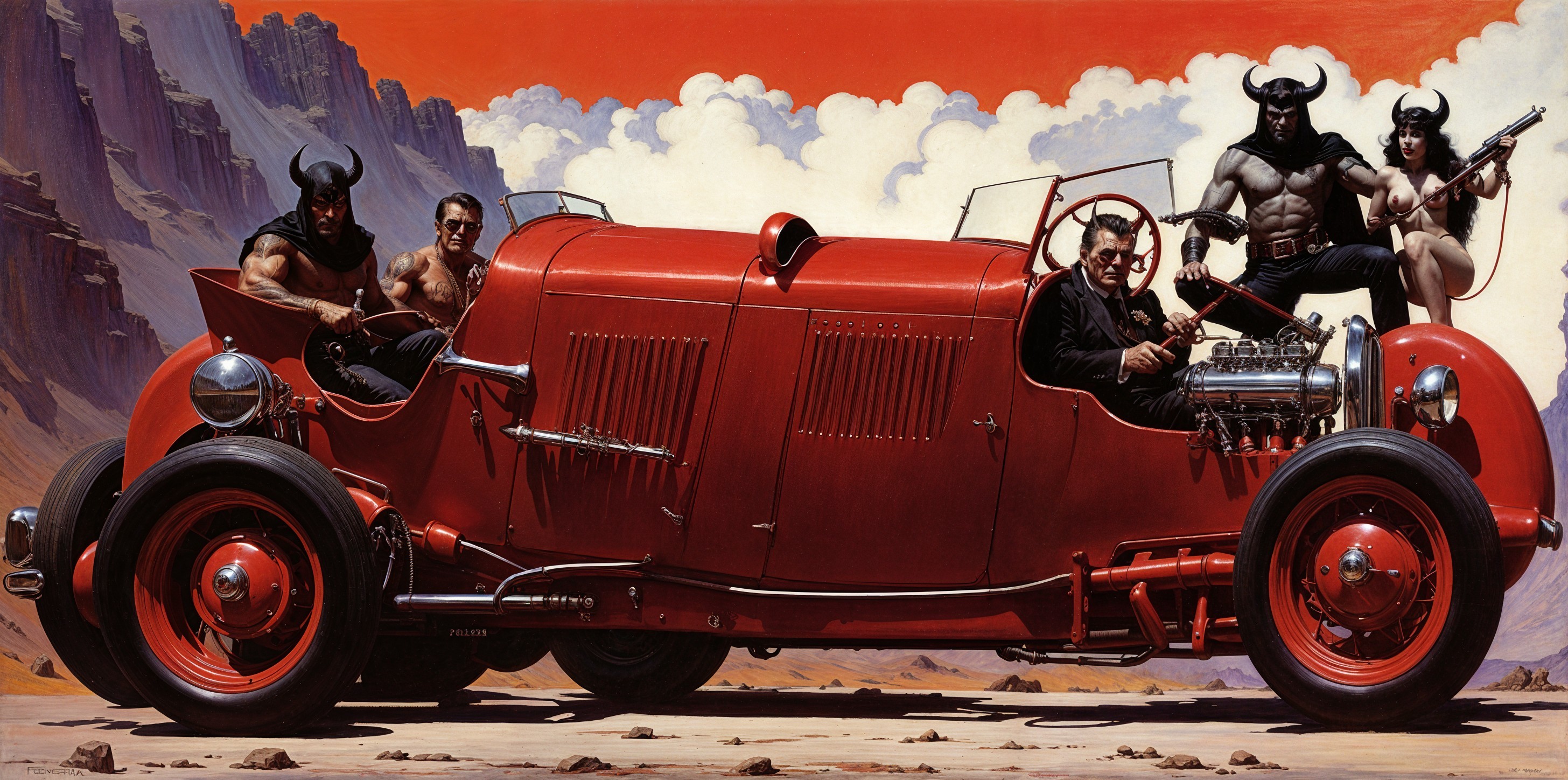 Vintage Red Car in Desert with Armored Figures