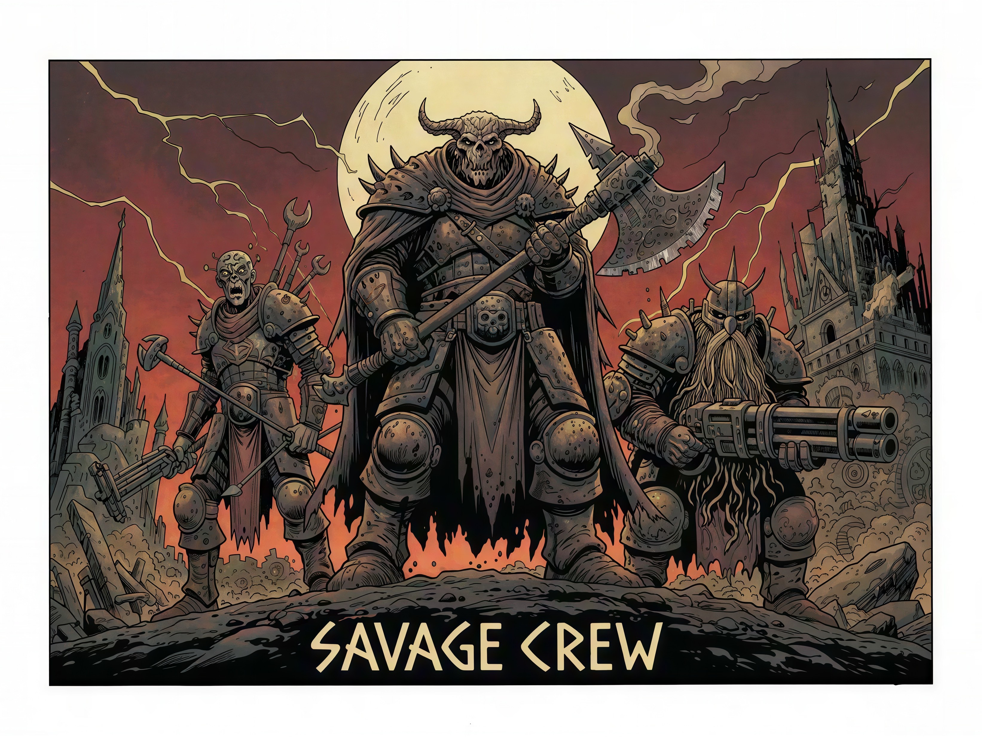 Monstrous Figures with Spiked Armor and Weapons