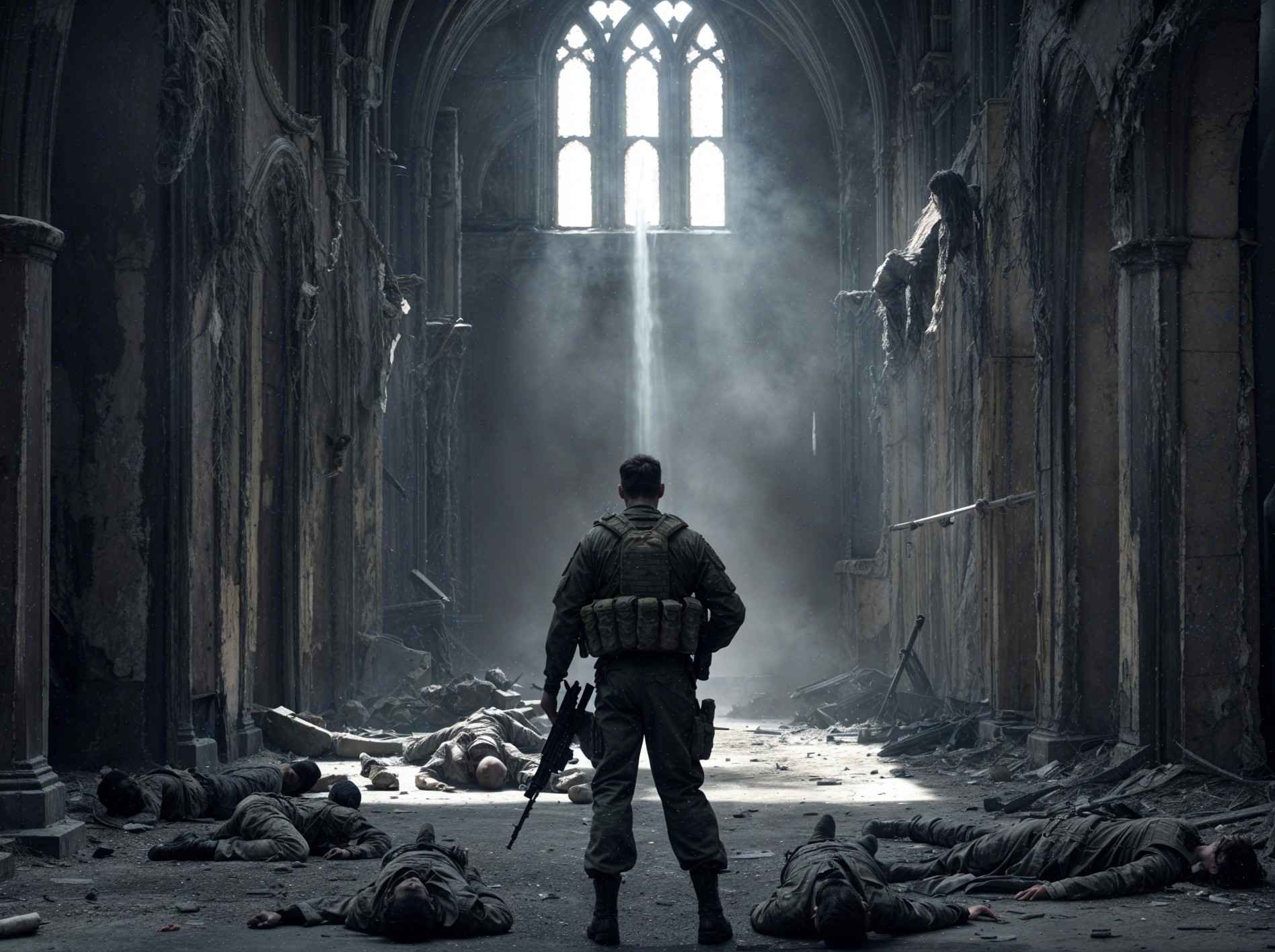 Soldier in Ruined Church Surrounded by Desolation