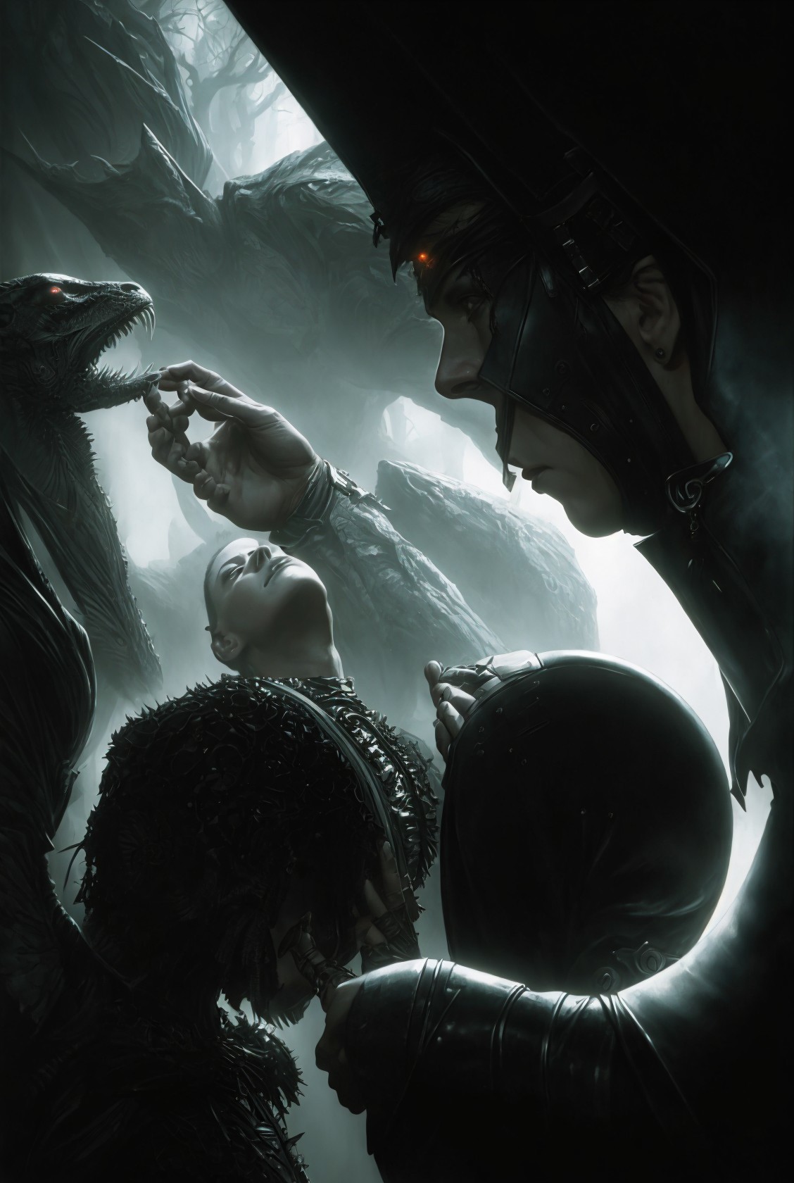 Futuristic armored figure interacts with giant dragon