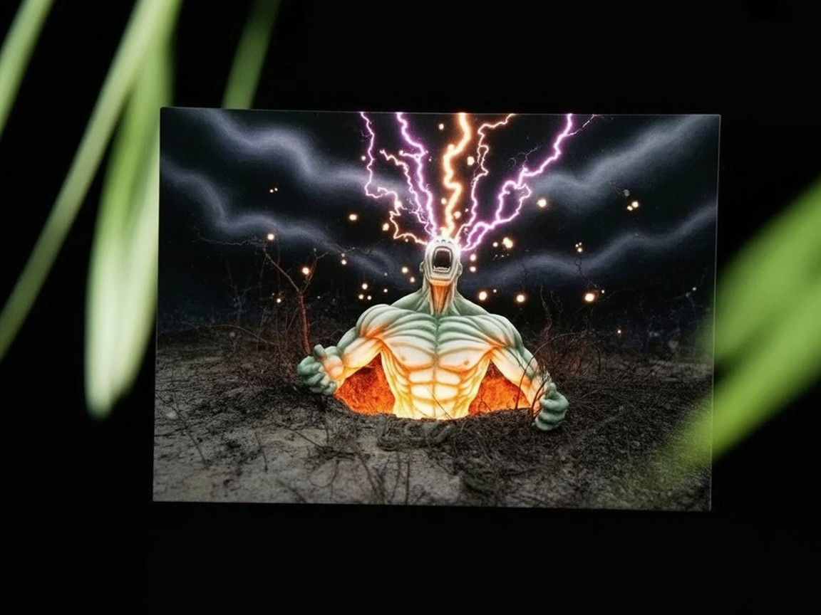 Muscular Figure Surrounded by Dark Clouds and Lightning