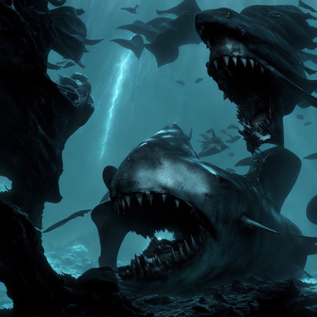 Underwater Scene with Sharks and Rock Formations