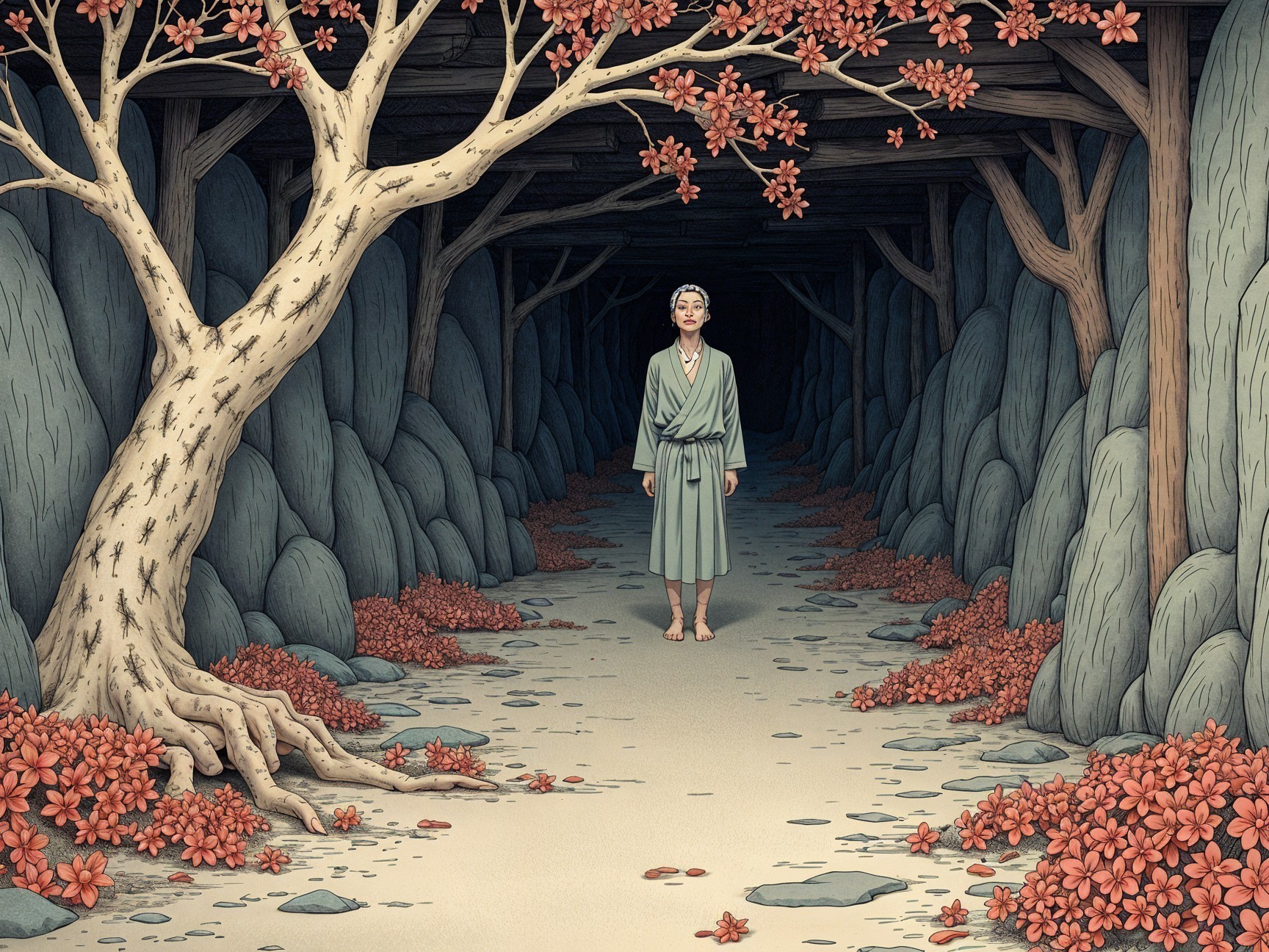 Serene Figure in Dimly Lit Cavern with Red Leaves