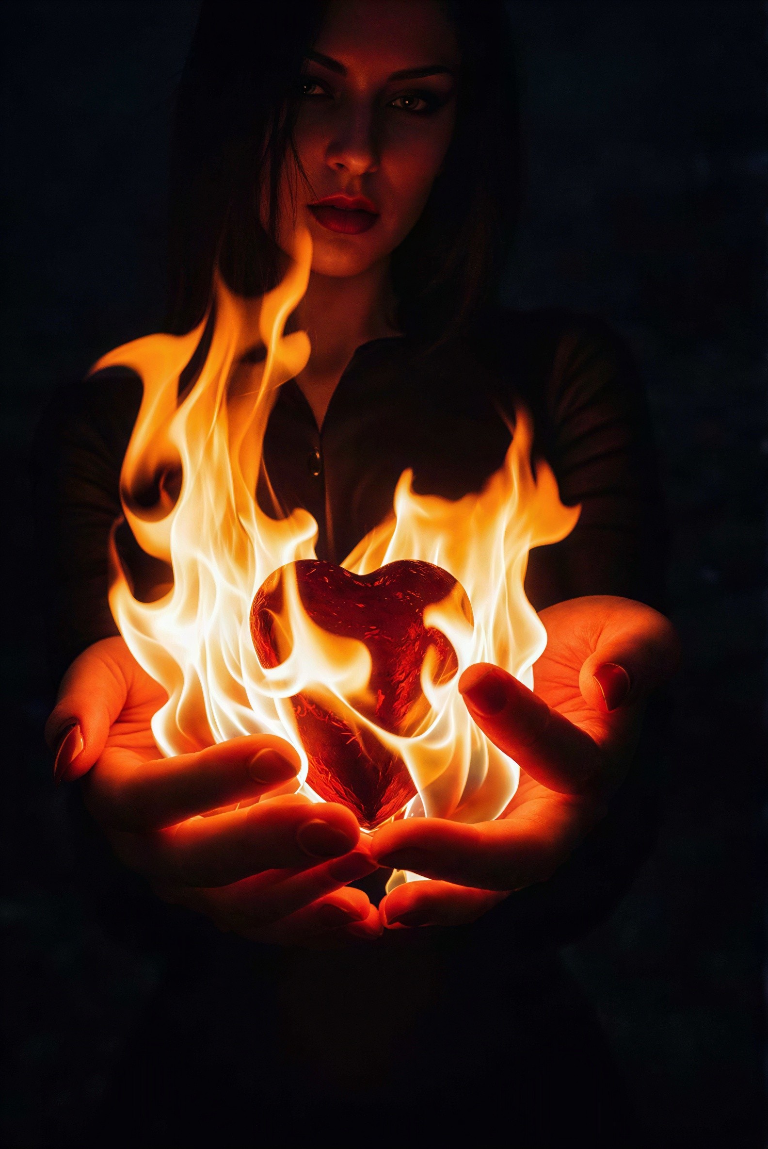 Dark Portrait of Woman with Burning Heart in Hands