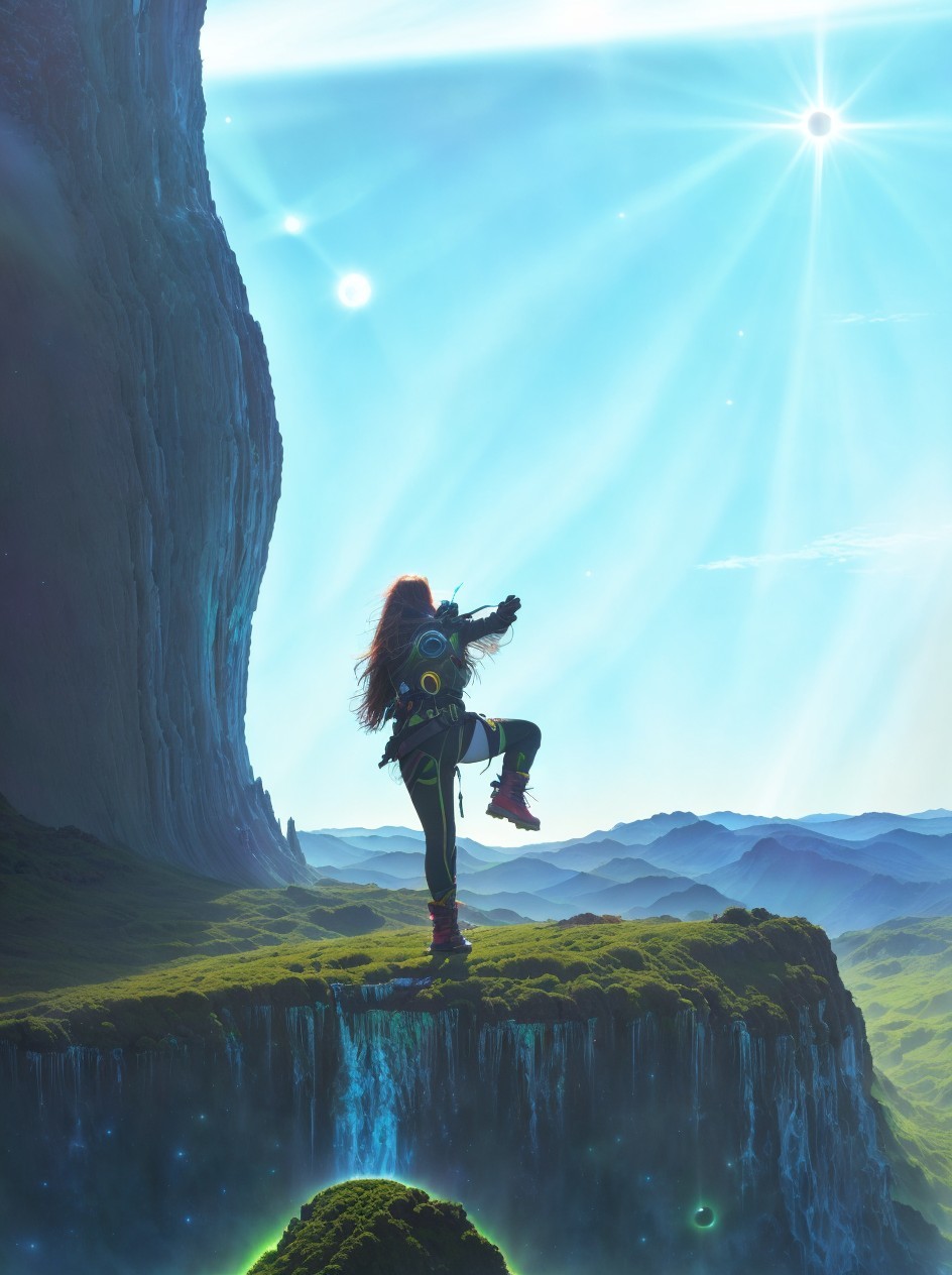 Red-haired figure in futuristic gear on cliff edge points to double suns in blue sky above green landscape