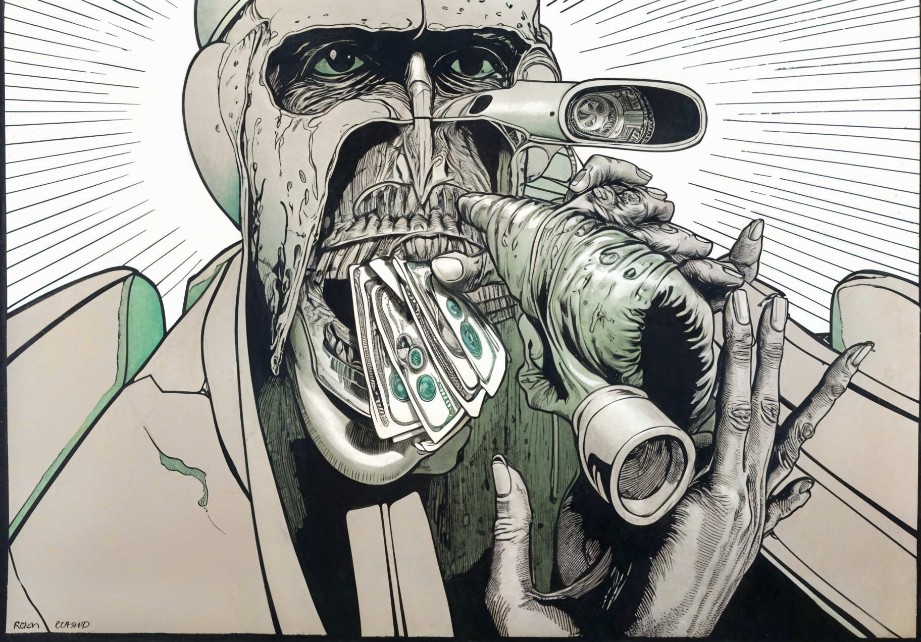 Surreal Character with Sinister Expression and Dollar Bills