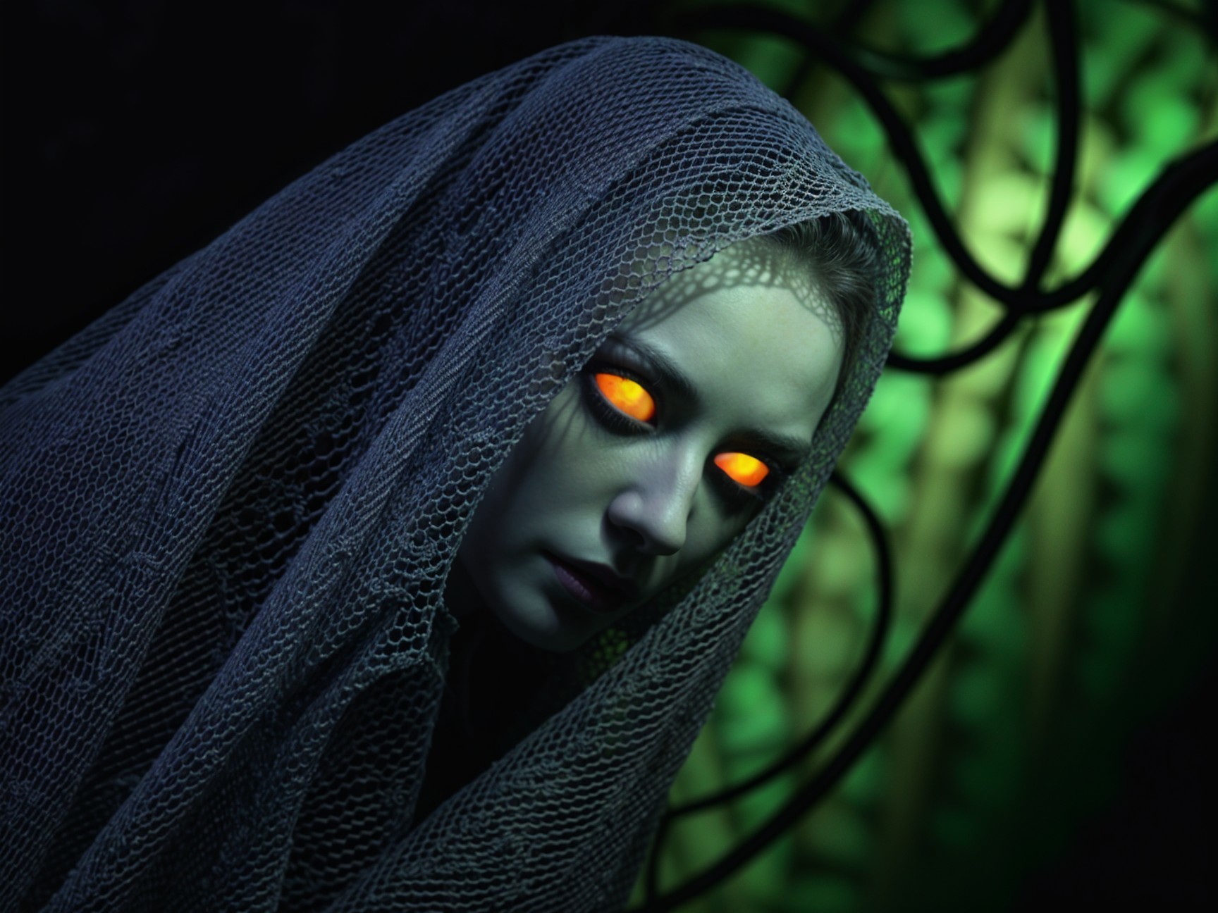 Spectral Figure in Dark Veil with Glowing Orange Eyes