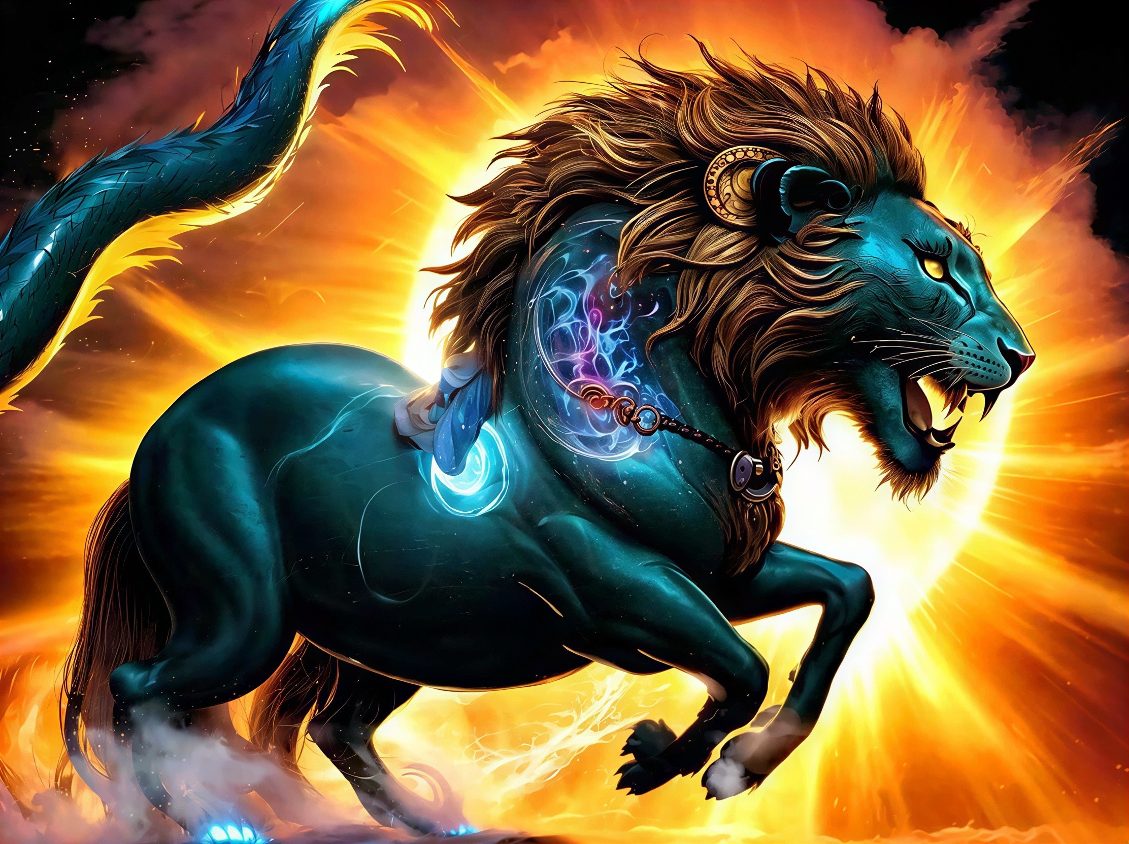 Dark Teal Lion-Horse Hybrid Fantasy Art Description