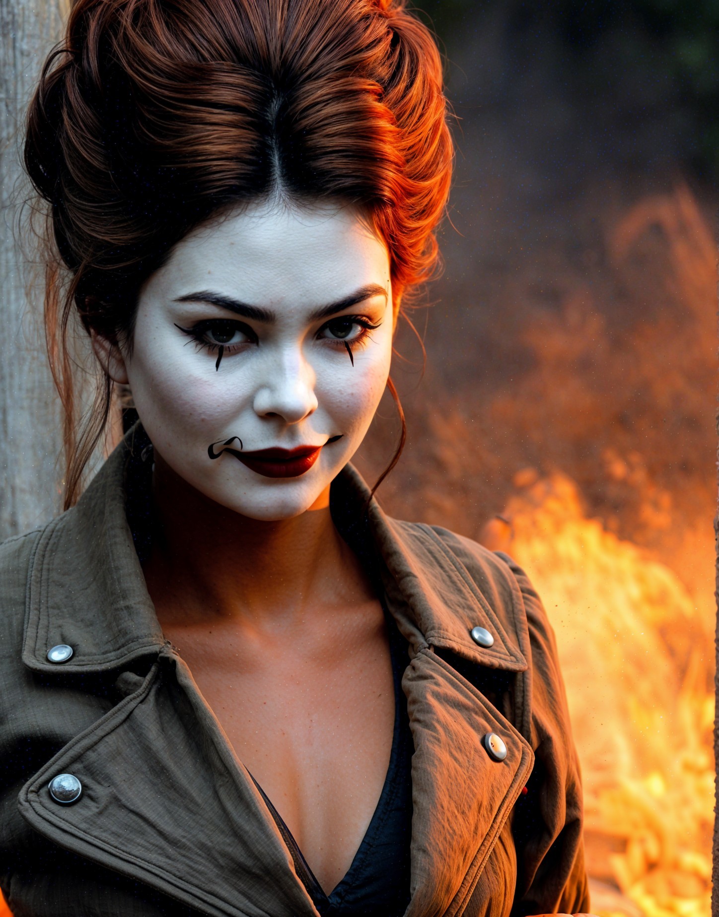 Portrait of a woman with dramatic makeup and fiery background