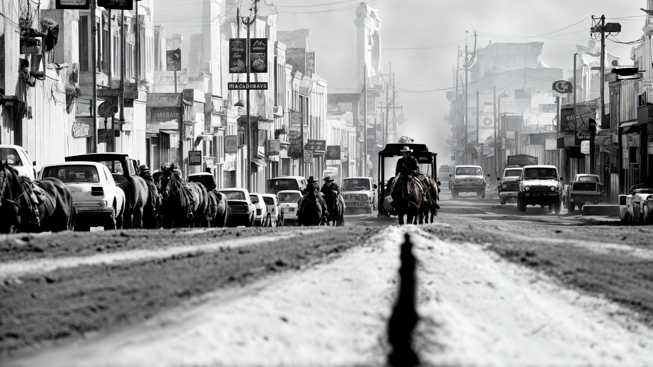 Dusty Street Scene with Horse Riders and Vintage Cars