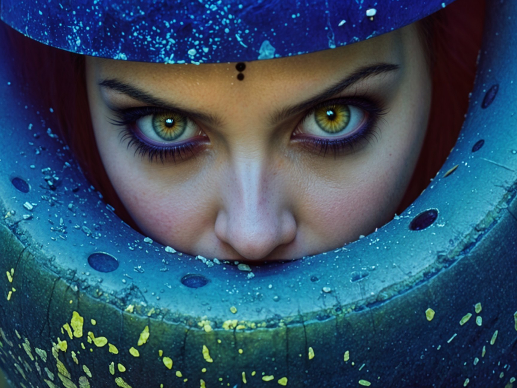 Close-up of a woman's face in a textured frame