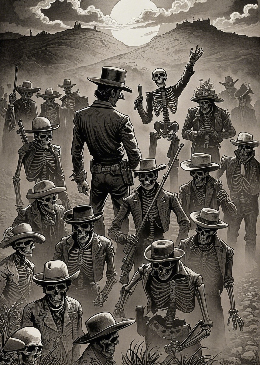 Gunslinger Faces Army of Cowboy Skeletons at Night