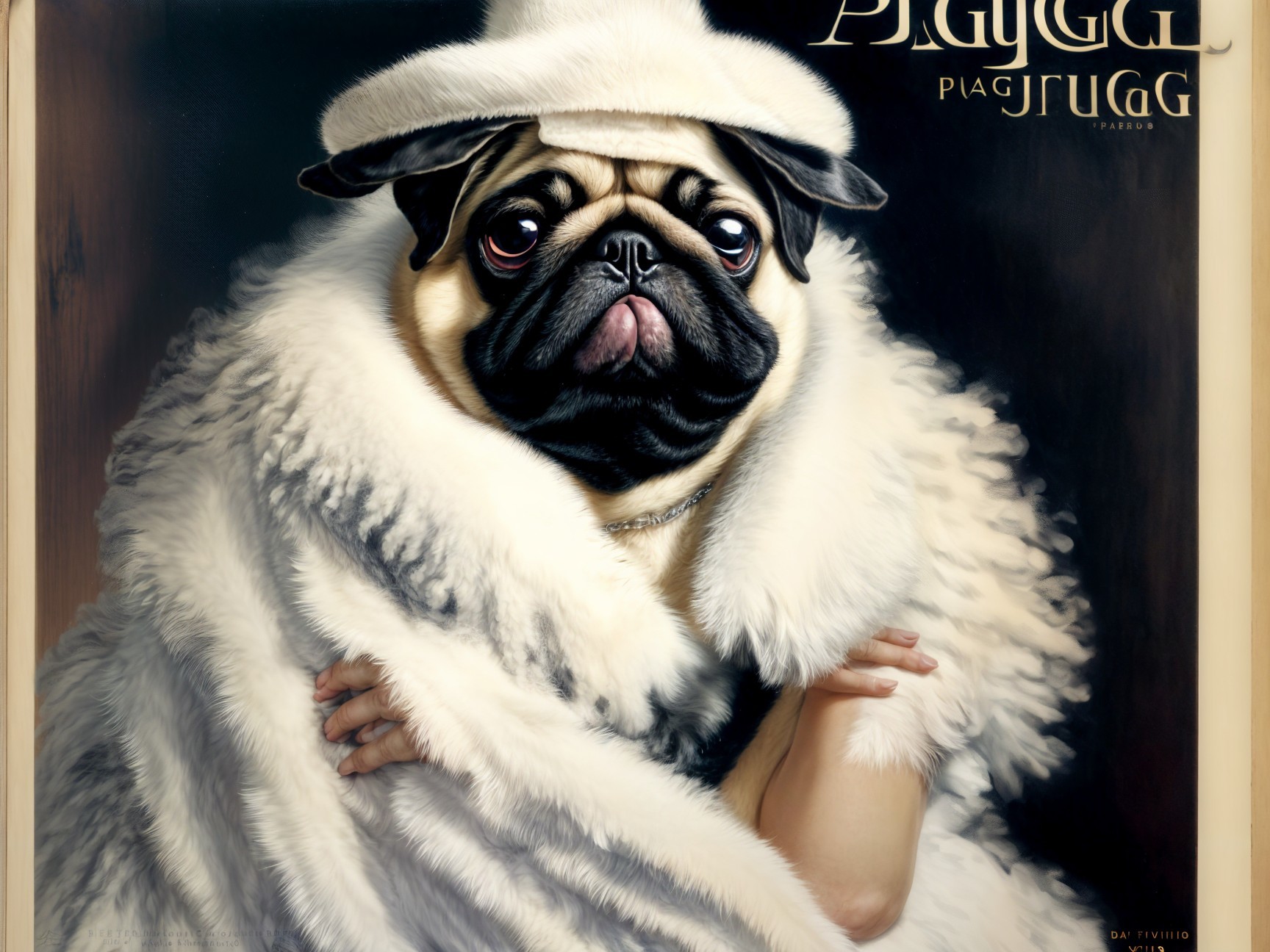 Stylish pug in white fur coat and hat with elegance