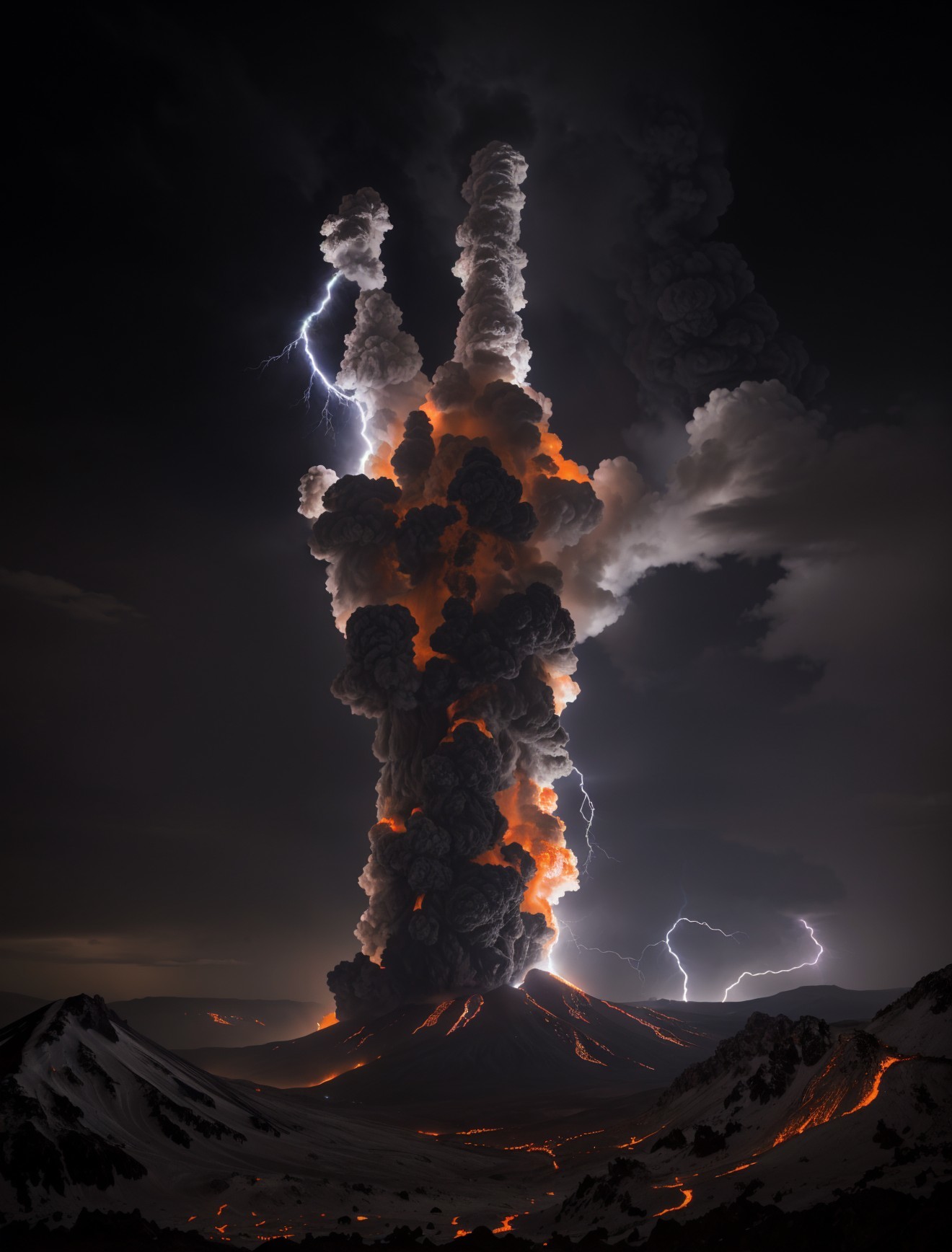Volcanic Eruption at Night with Ash and Lava Flow