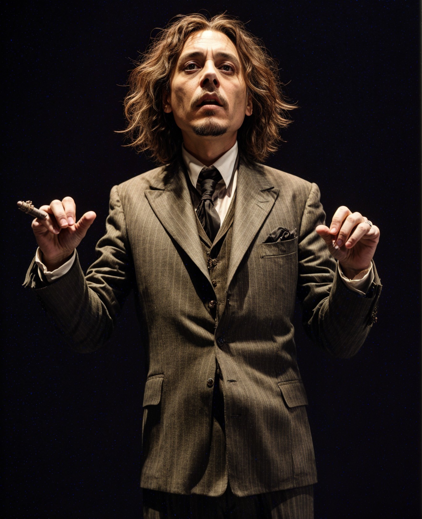 Confident Man in Tailored Suit with Cigar and Gesture
