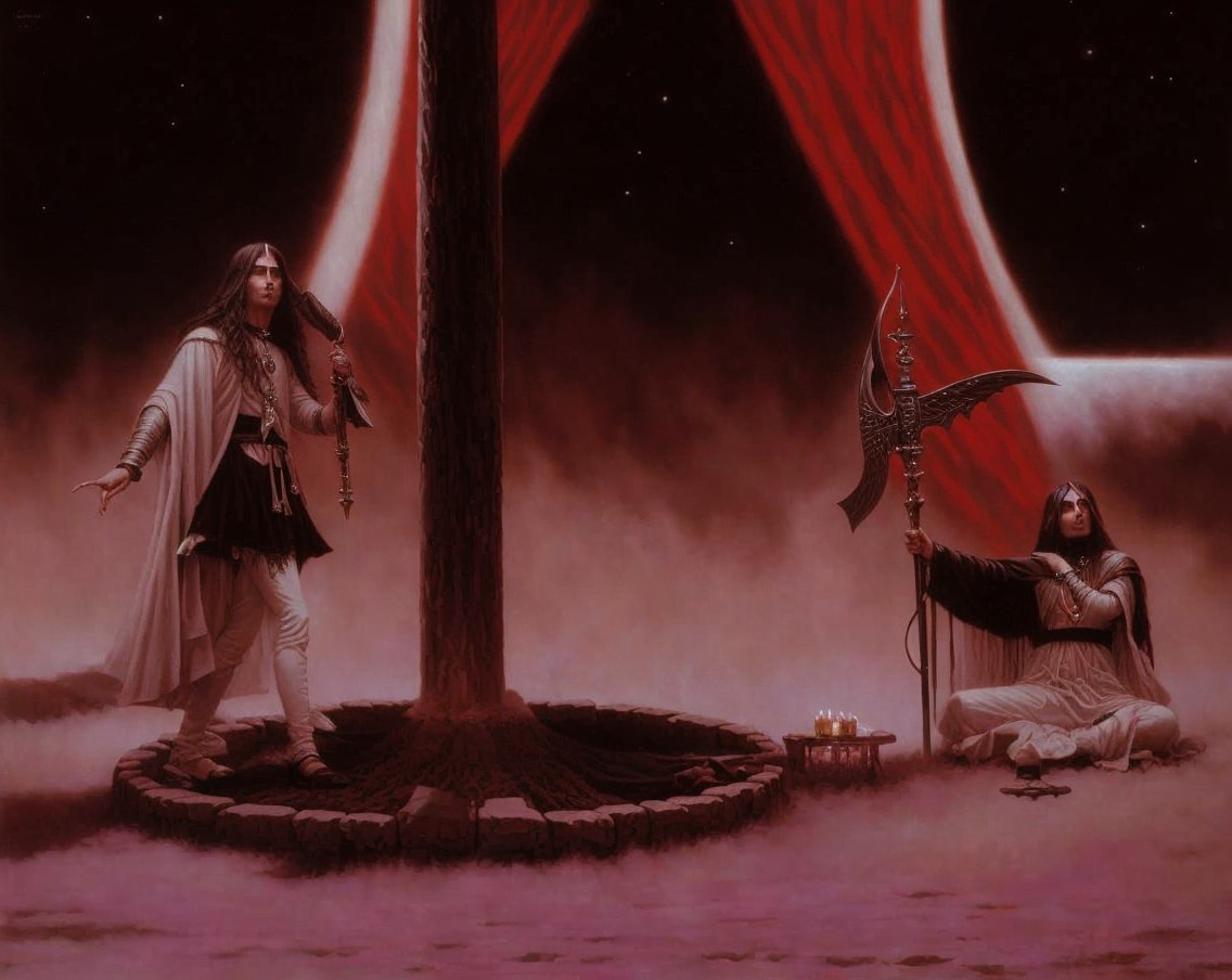 Surreal Scene of Ethereal Figures and Ancient Ritual