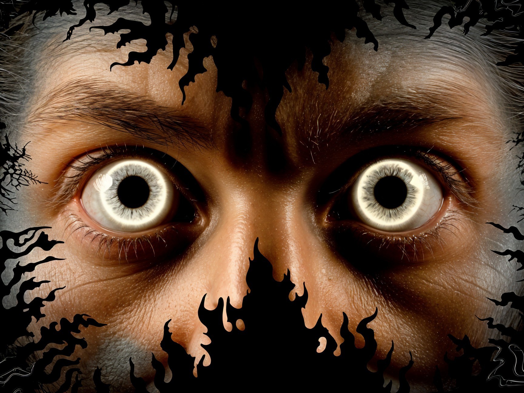 Intense Wide Eyes with White Pupils in Dark Background