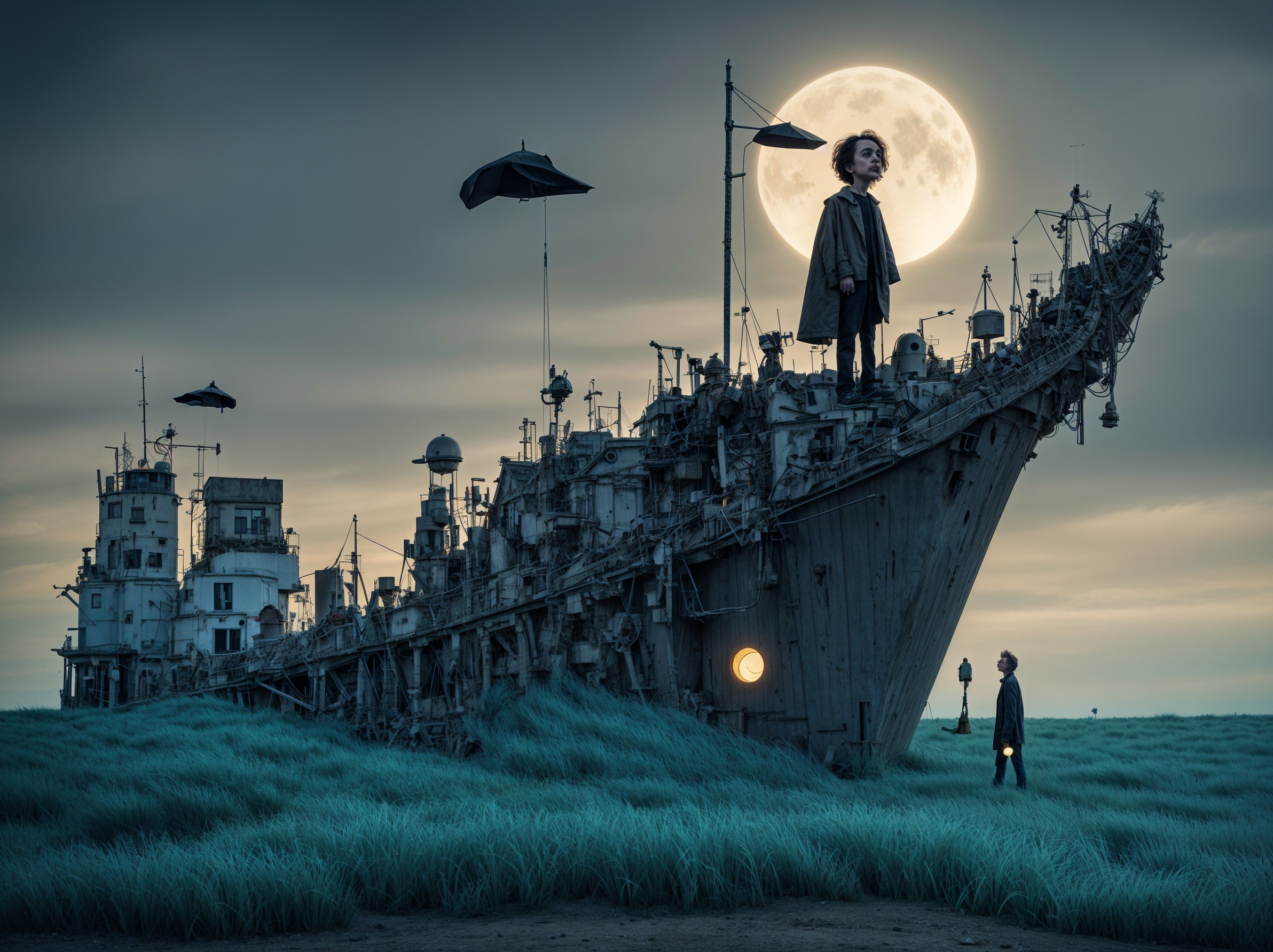 Surreal Landscape with Ship and Figures Under Moonlight