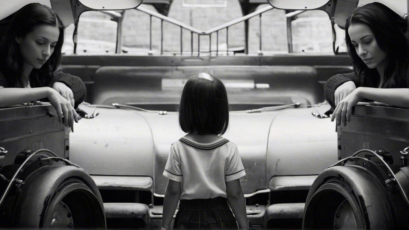 Young Girl Between Two Women in Industrial Setting