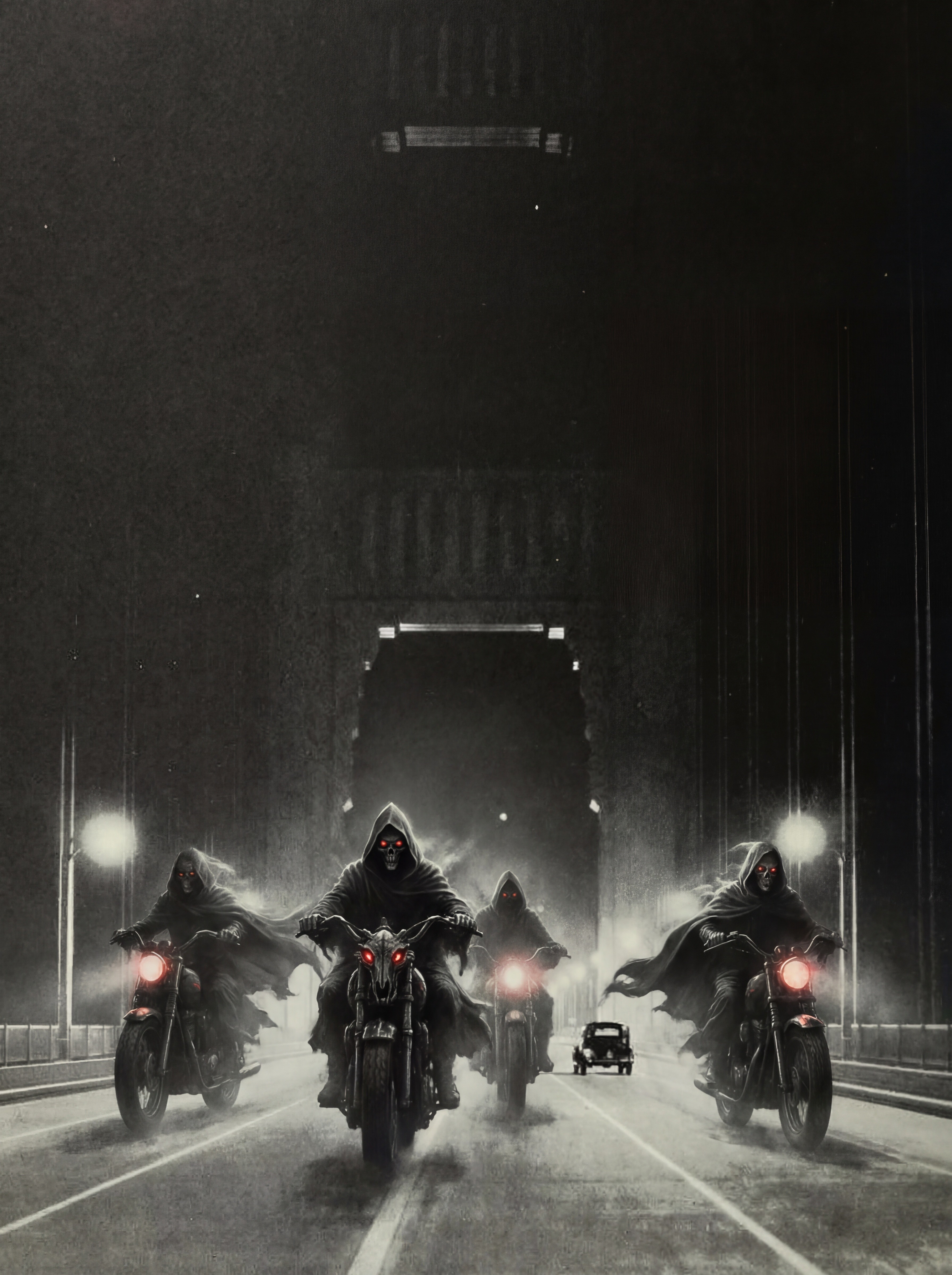 Black and white portrait of grim reapers on motorcycles