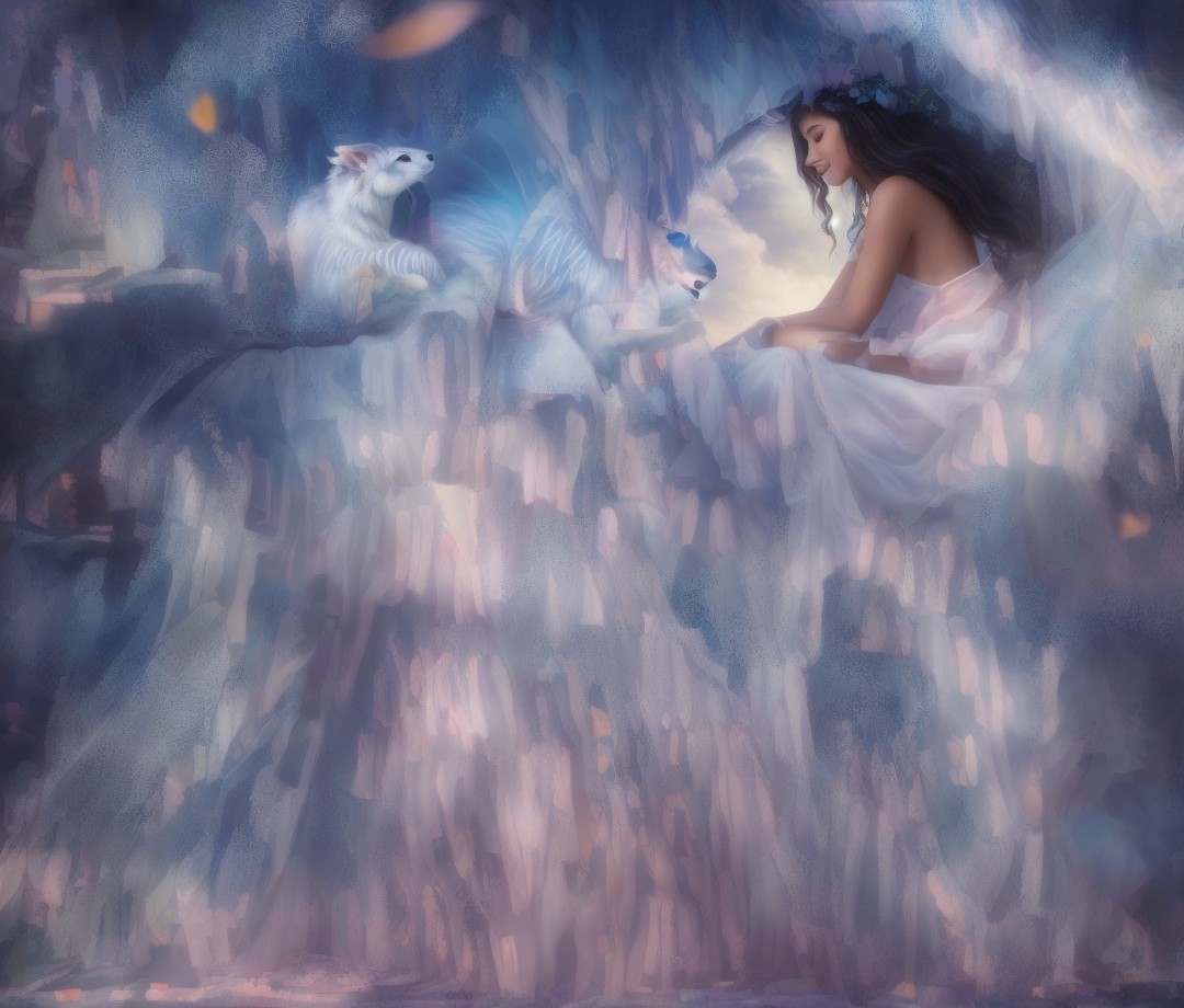 Woman in flowing dress on cliff with mythical creature
