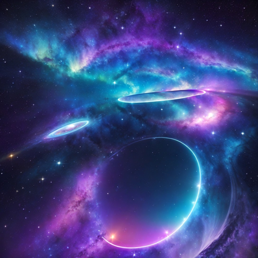 Vibrant Cosmic Scene with Swirling Galaxies and Nebula