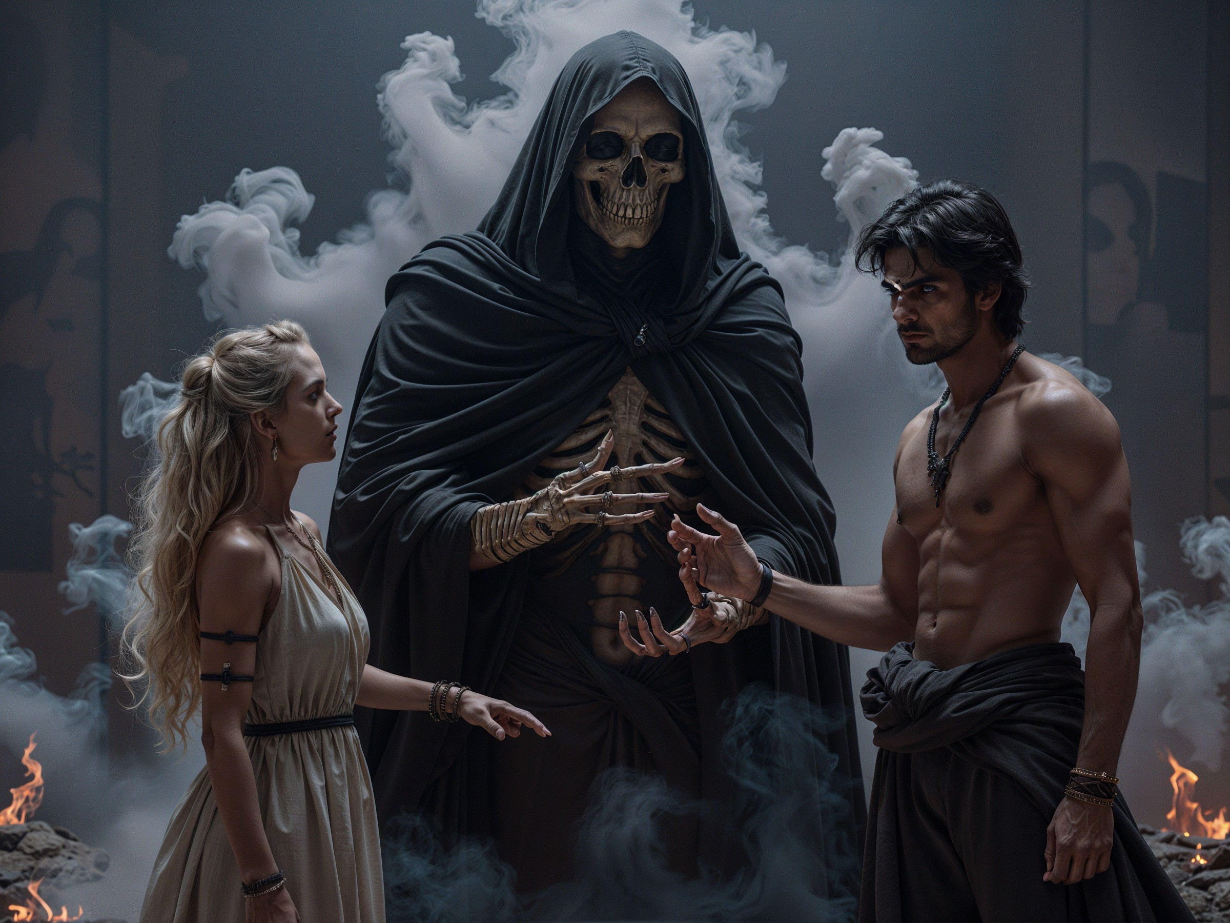 Cloaked Figure Confronts Couple in Misty Atmosphere