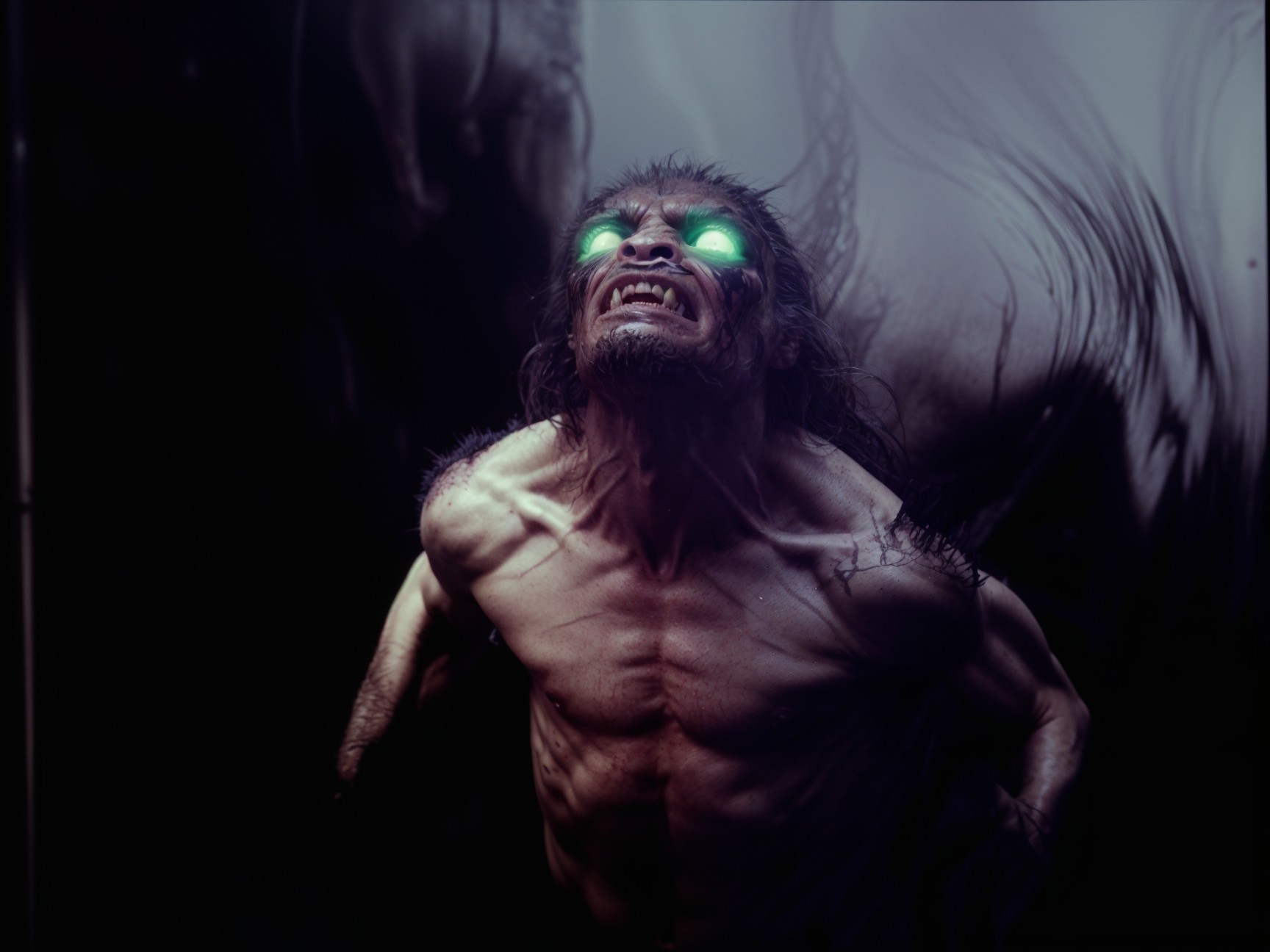Muscular Figure in Dark Surreal Environment with Intense Eyes