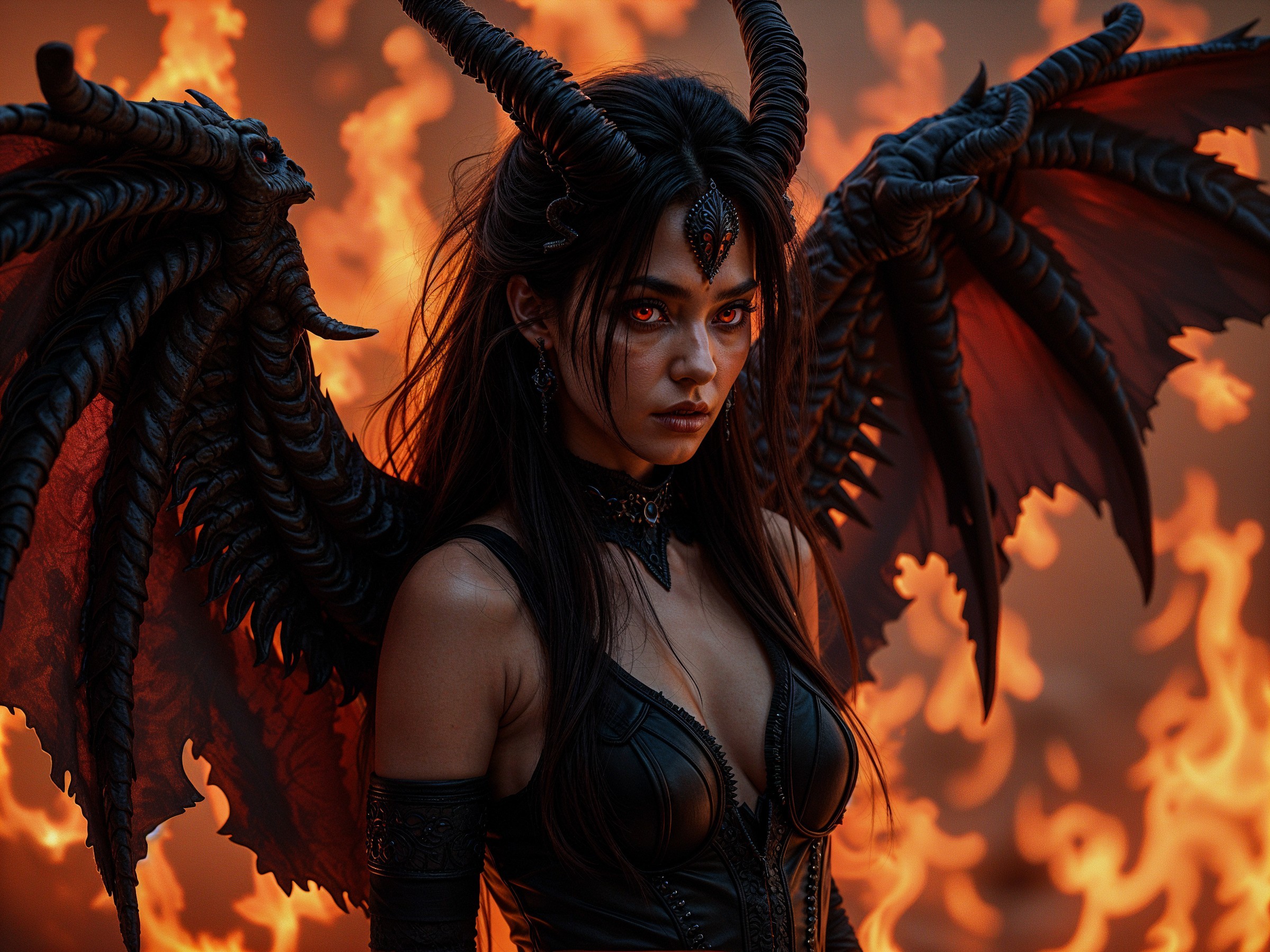 Dark Figure with Horns and Bat-like Wings in Flames