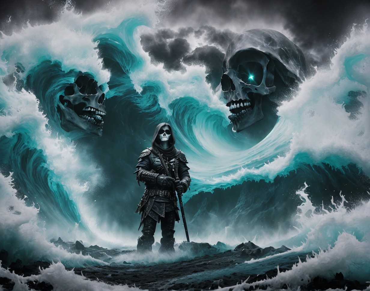 Cloaked Figure Among Waves and Ghostly Skulls