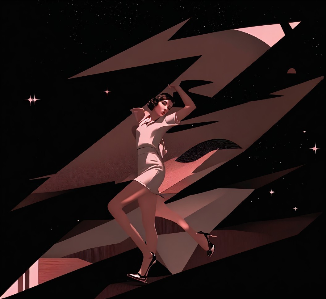 Stylized illustration of woman with geometric shapes in retro-futuristic setting