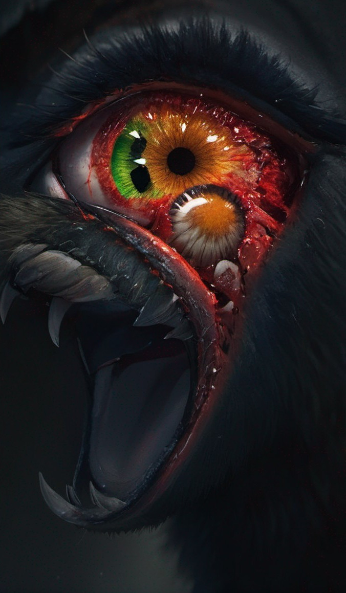 Close-up of a fantastical creature's vivid eye and mouth