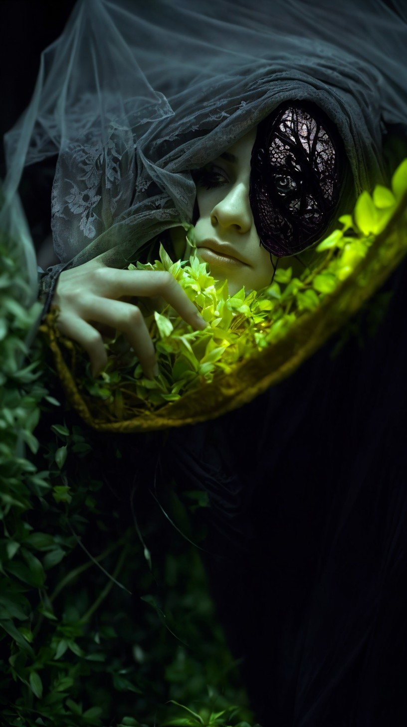 Person wearing dark lacy eye mask and veil surrounded by green foliage holding yellow flowers.