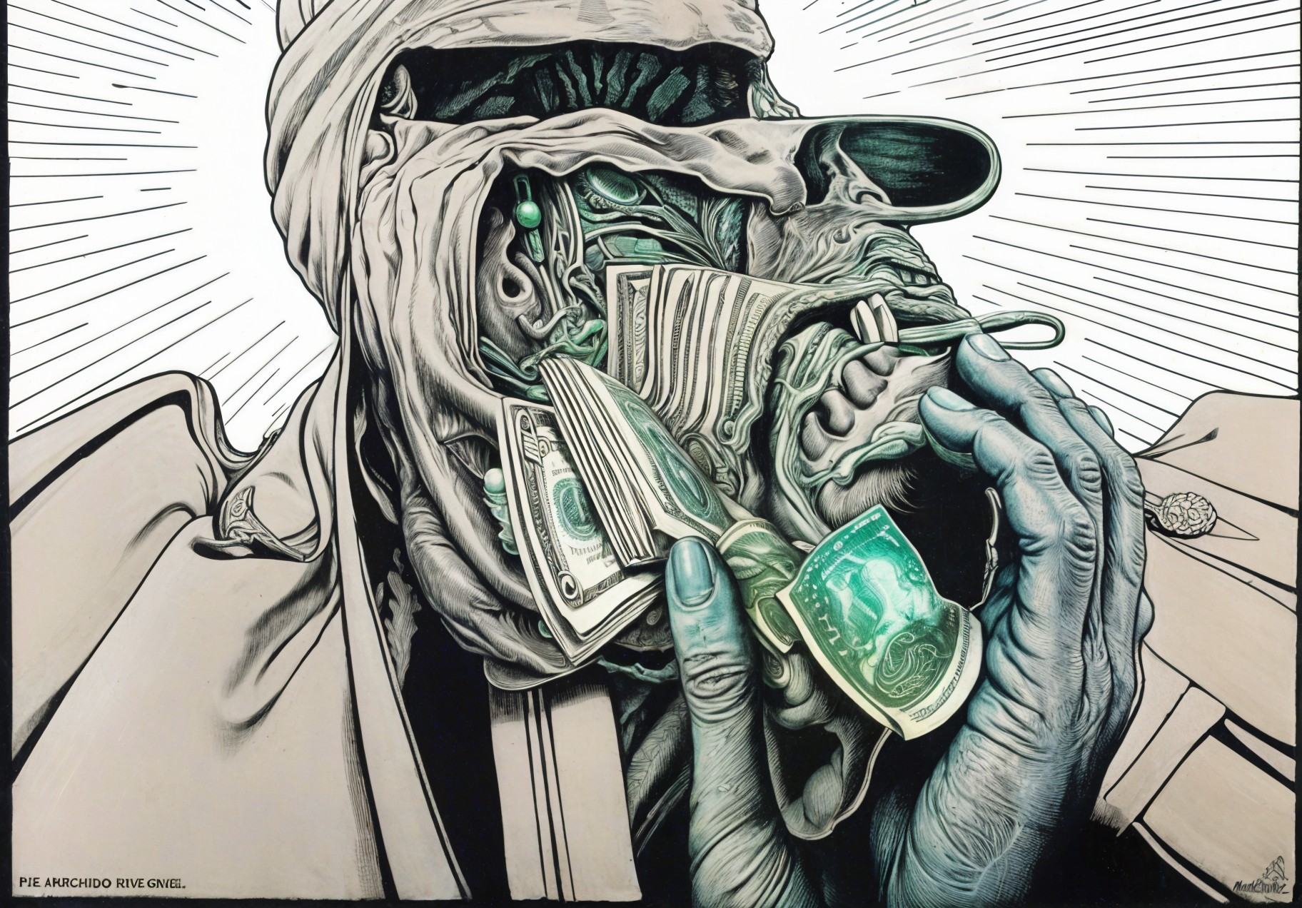 Masked Figure Holding Cash in Dynamic Background