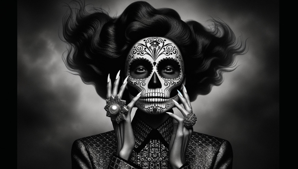 Woman with Sugar Skull Makeup and Stylish Outfit