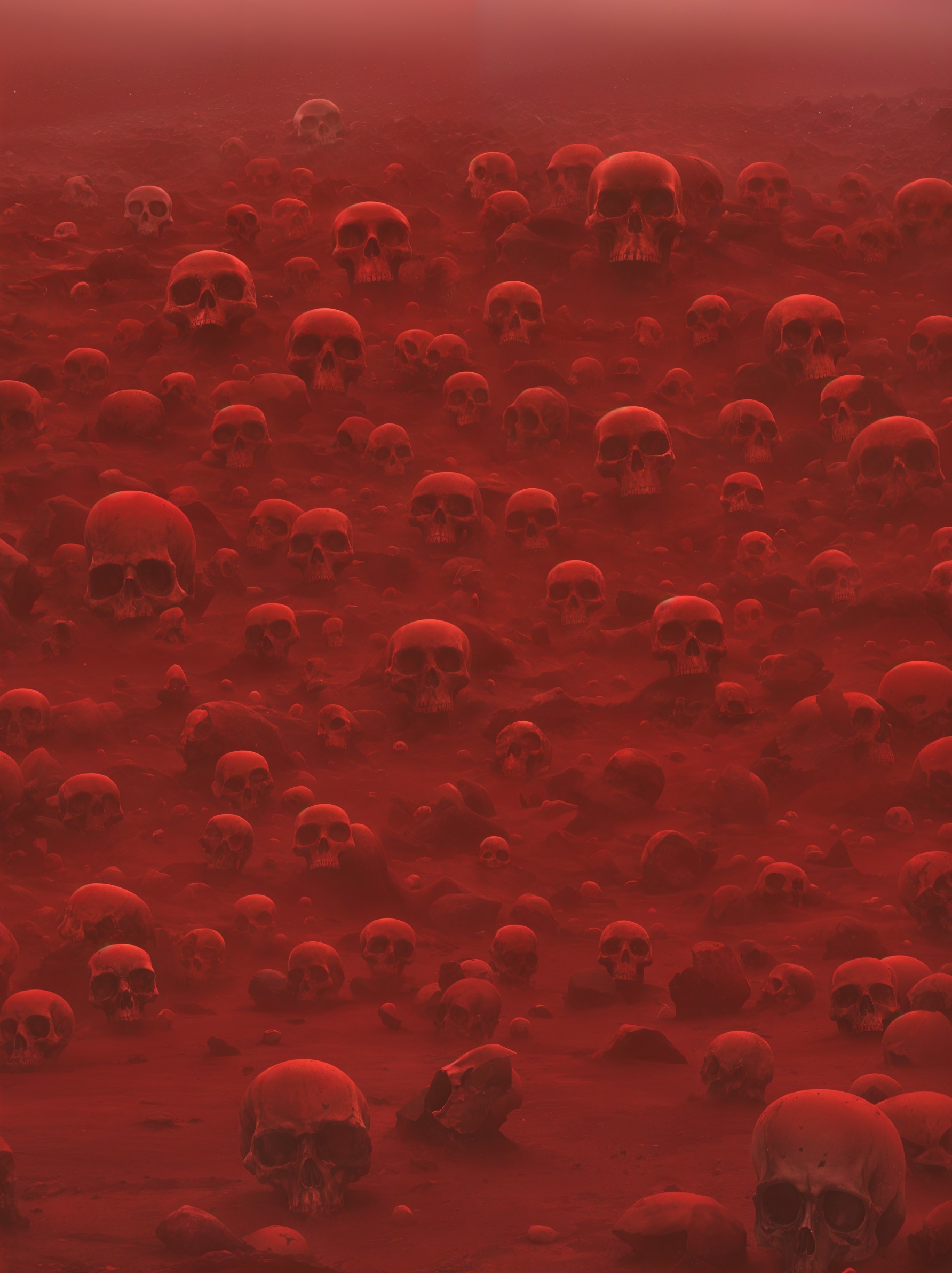 Surreal Landscape with Red Skulls on Crimson Background