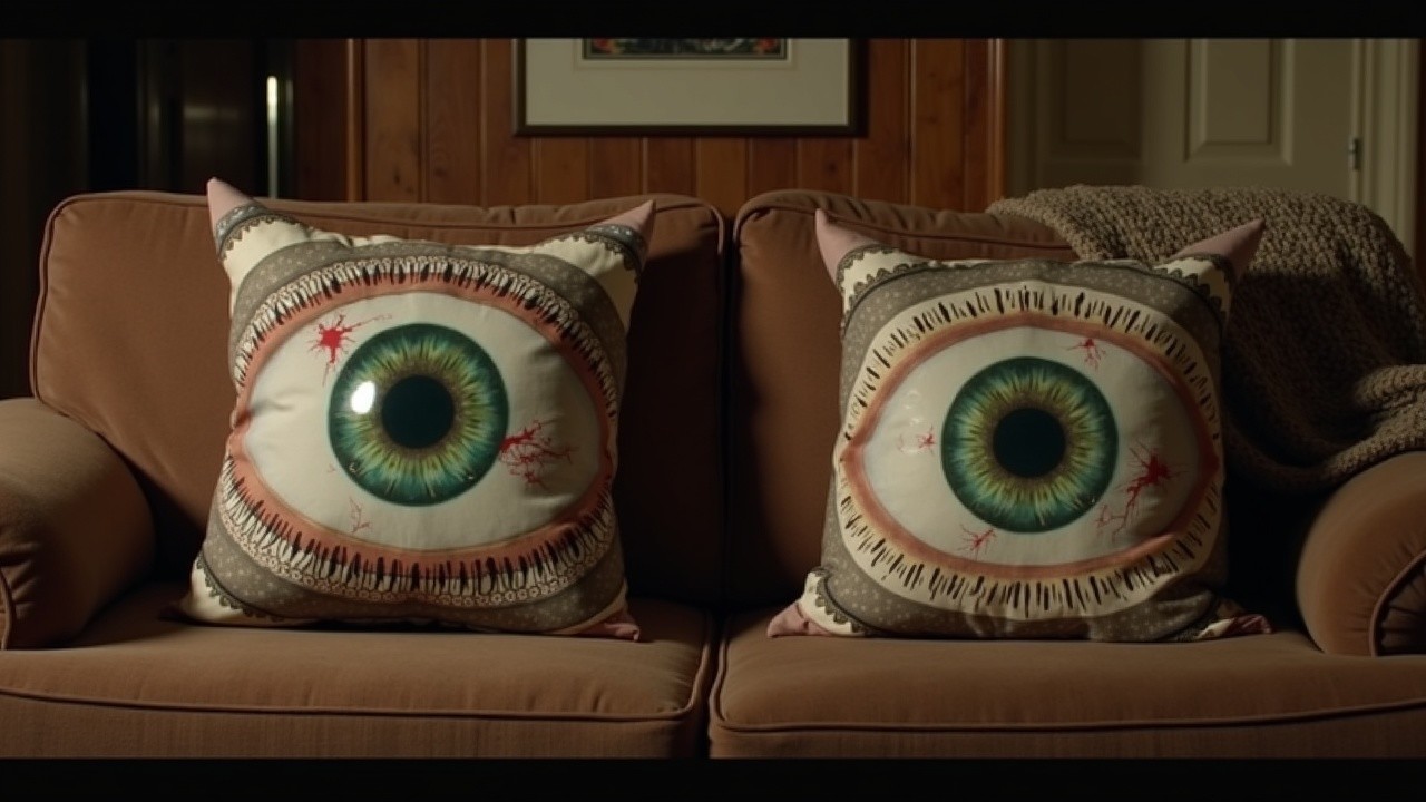 Decorative pillows with graphic eye designs on couch