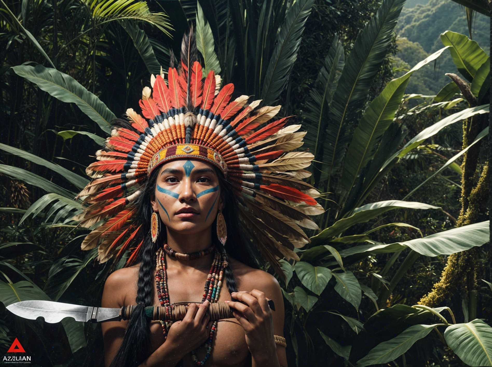 Woman in Tribal Attire in Tropical Environment