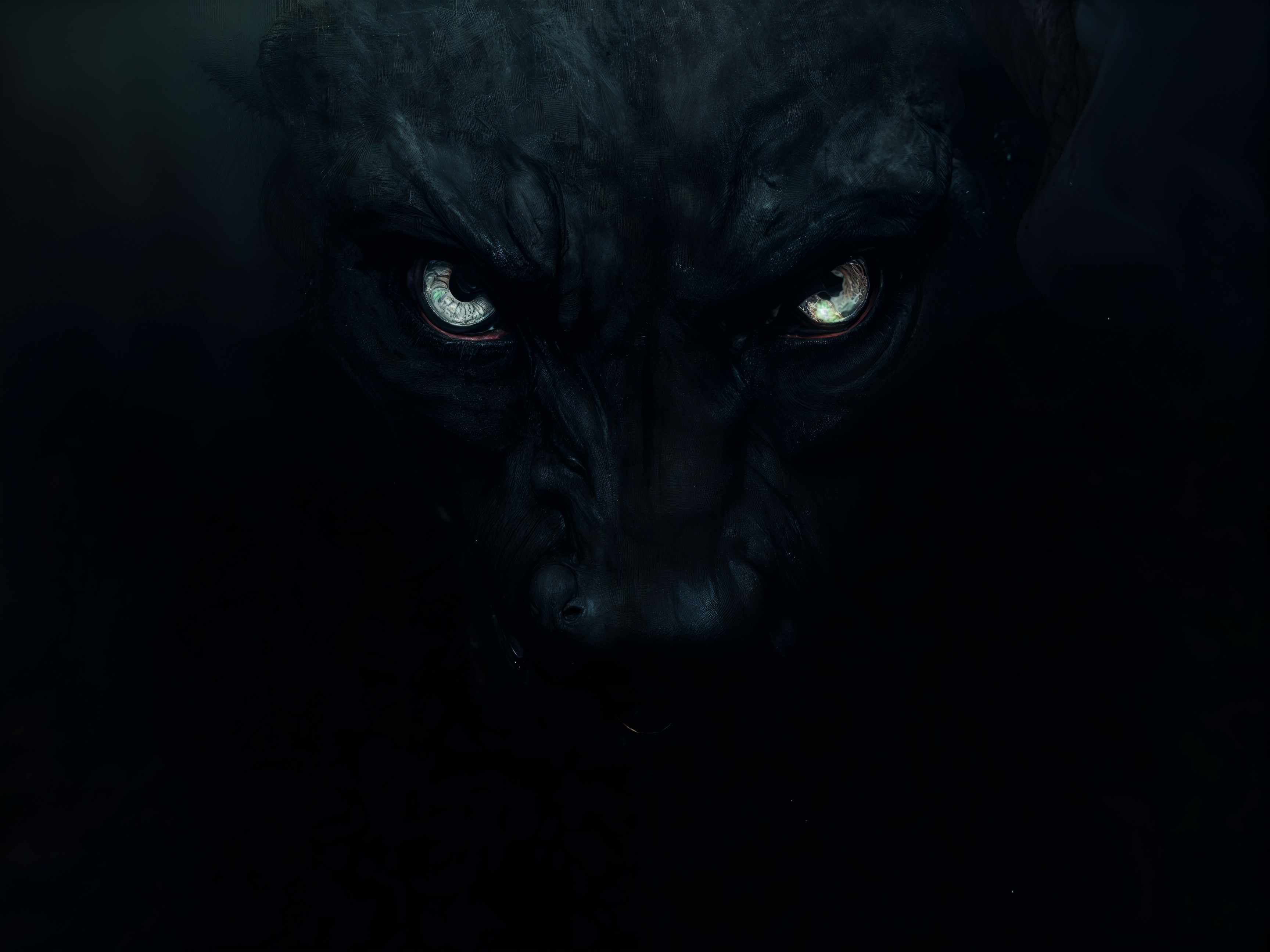 Close-up of a dark creature with glowing eyes