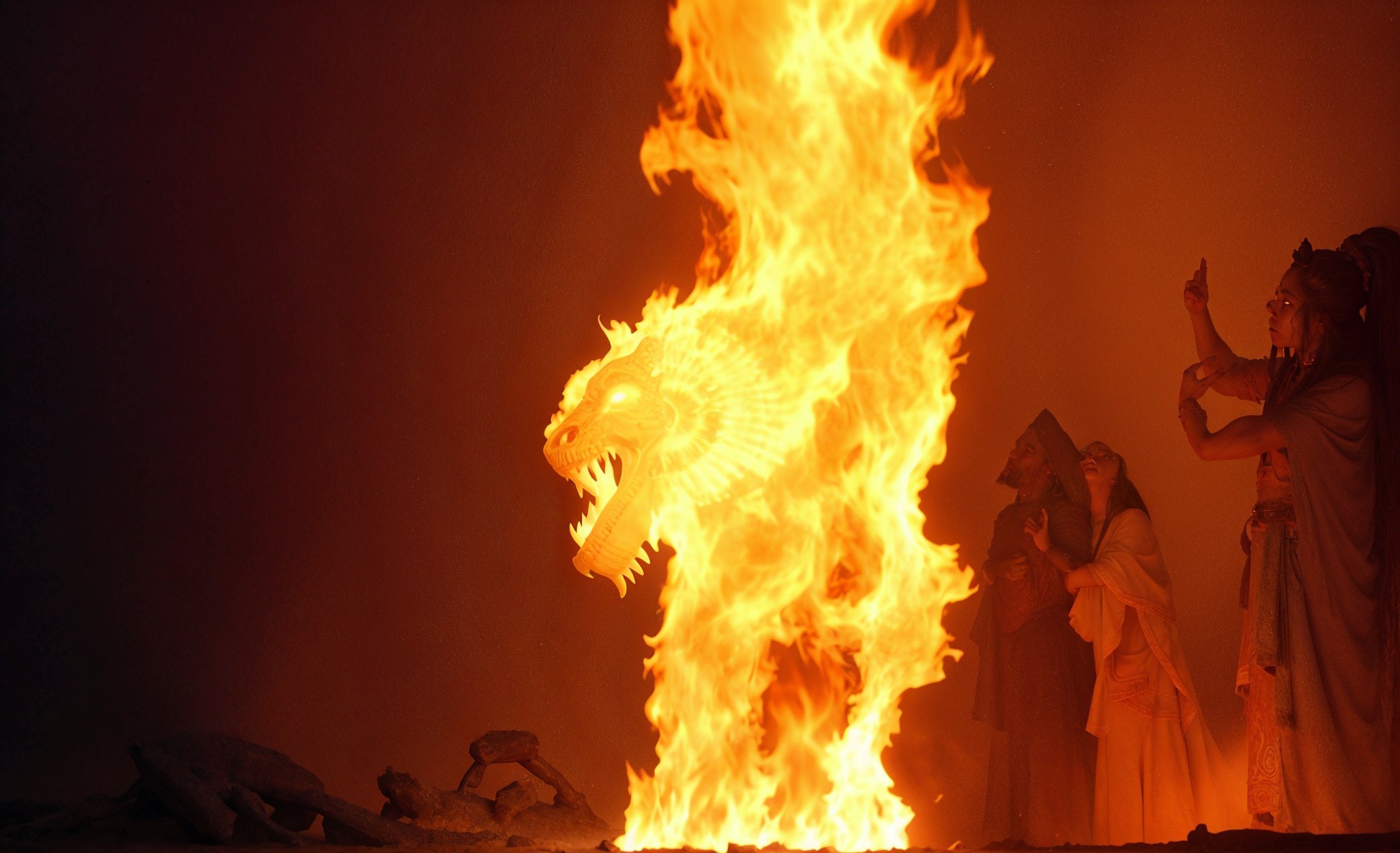 Fiery Dragon Surrounded by Flames and Silhouetted Figures