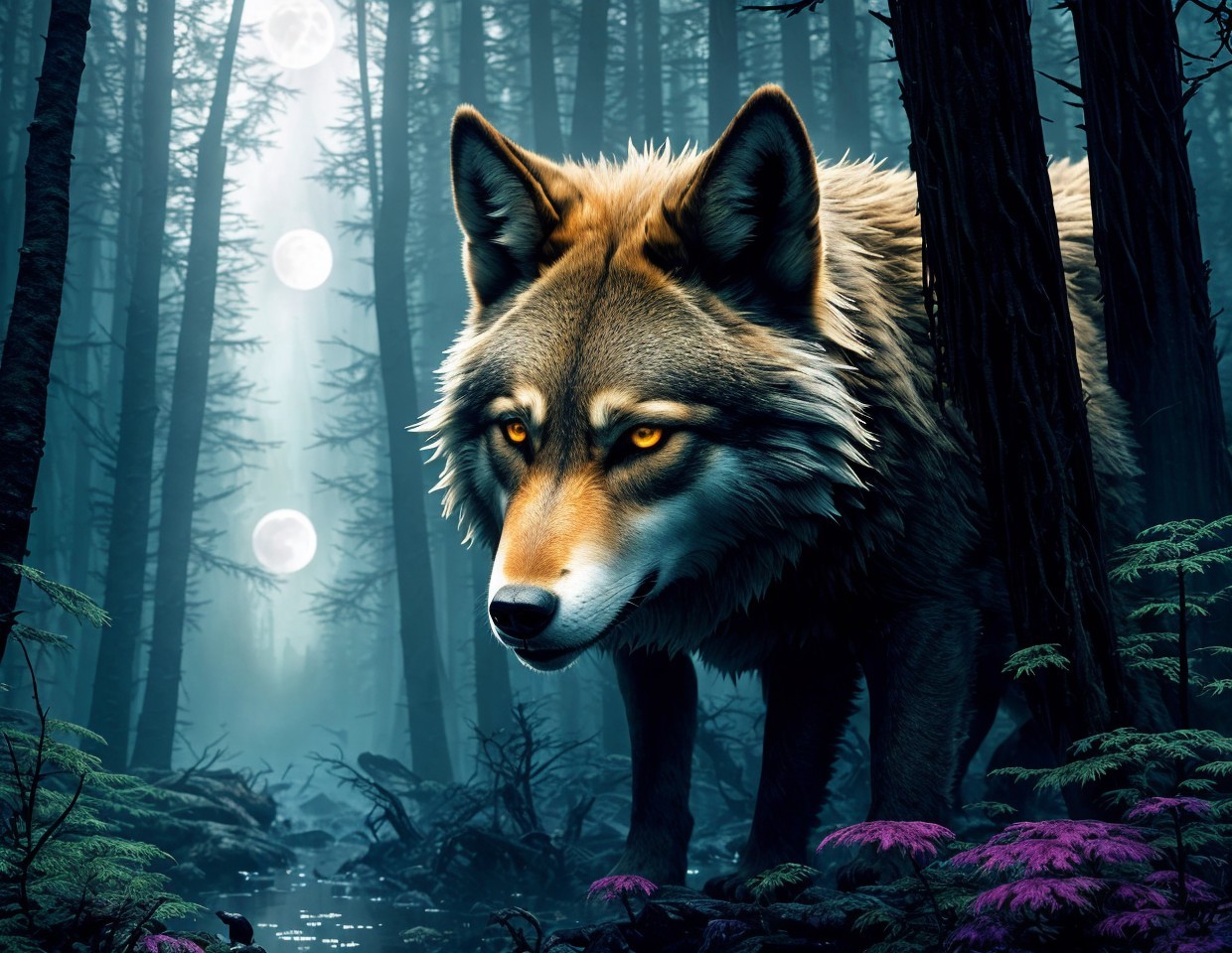 Majestic wolf in misty forest with purple foliage and eerie light orbs