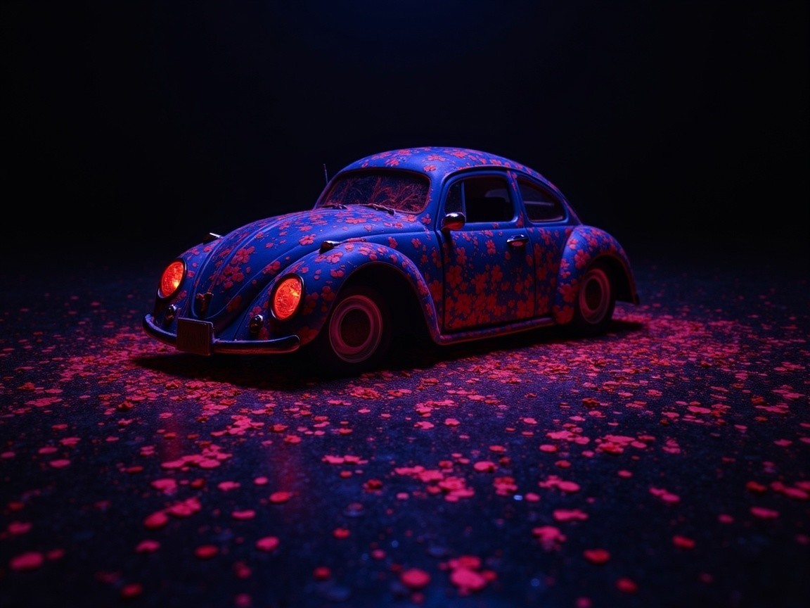 Vintage Car with Floral Patterns on Dark Backdrop