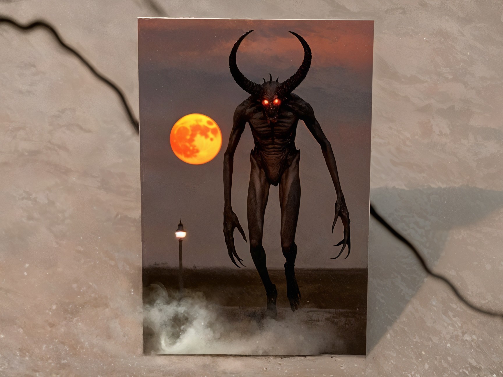 Skeletal Creature with Horns Under Full Moon Glow