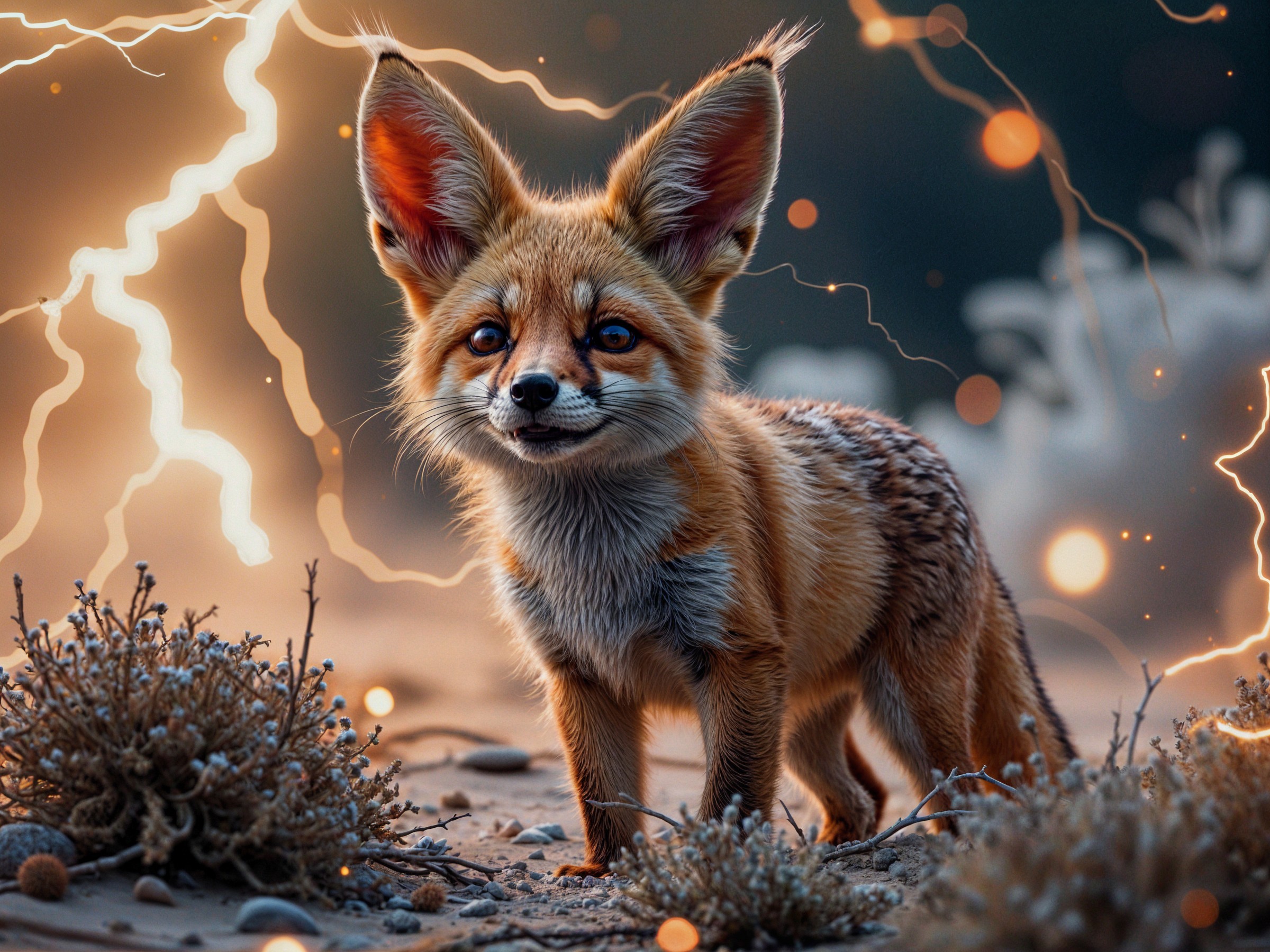 Adorable fox in sandy landscape with dramatic background