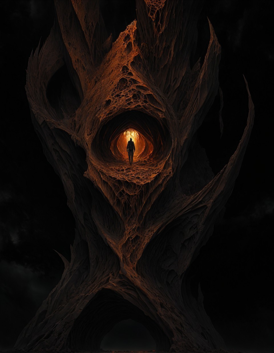 Person in Dark Tree Tunnel with Intricate Branch Frame