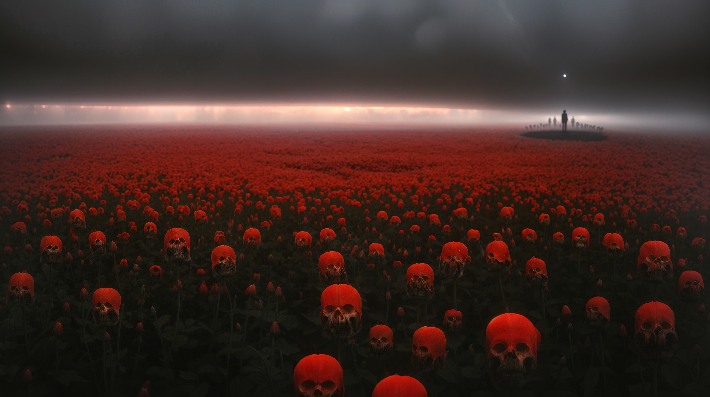 Haunting Landscape with Red Flowers and Skulls